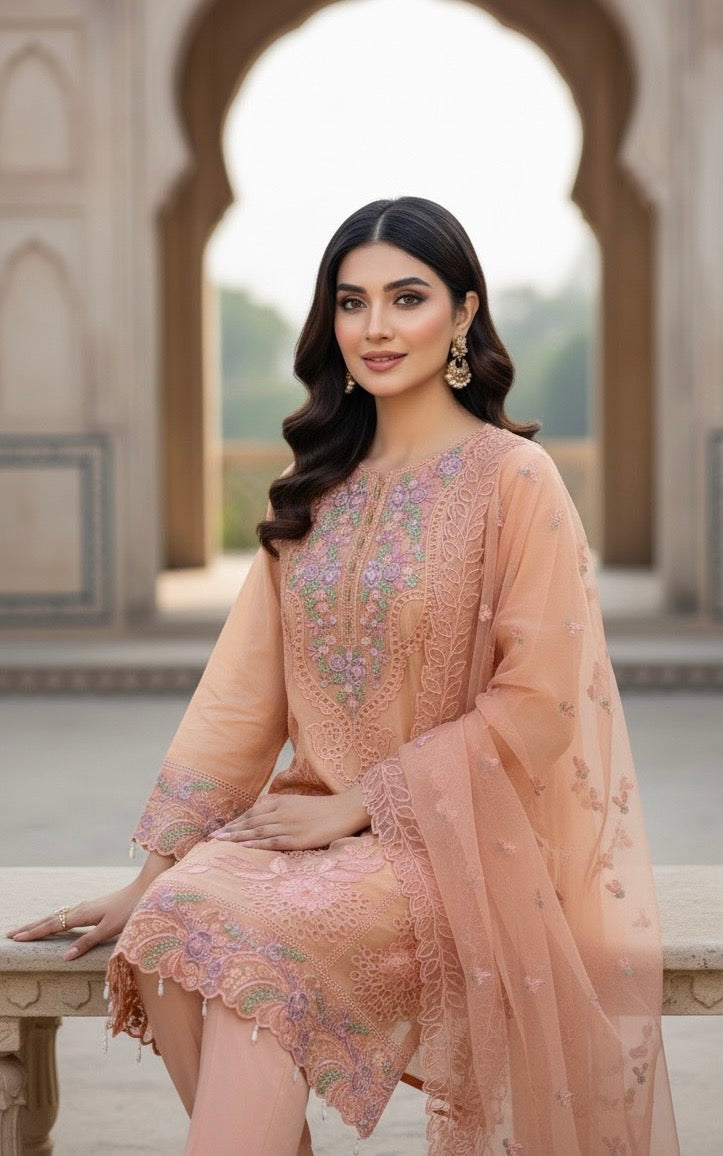 A sophisticated silk-blend suit featuring intricate tone-on-tone floral cutwork and contrasting bright thread embroidery on the neckline and dupatta.