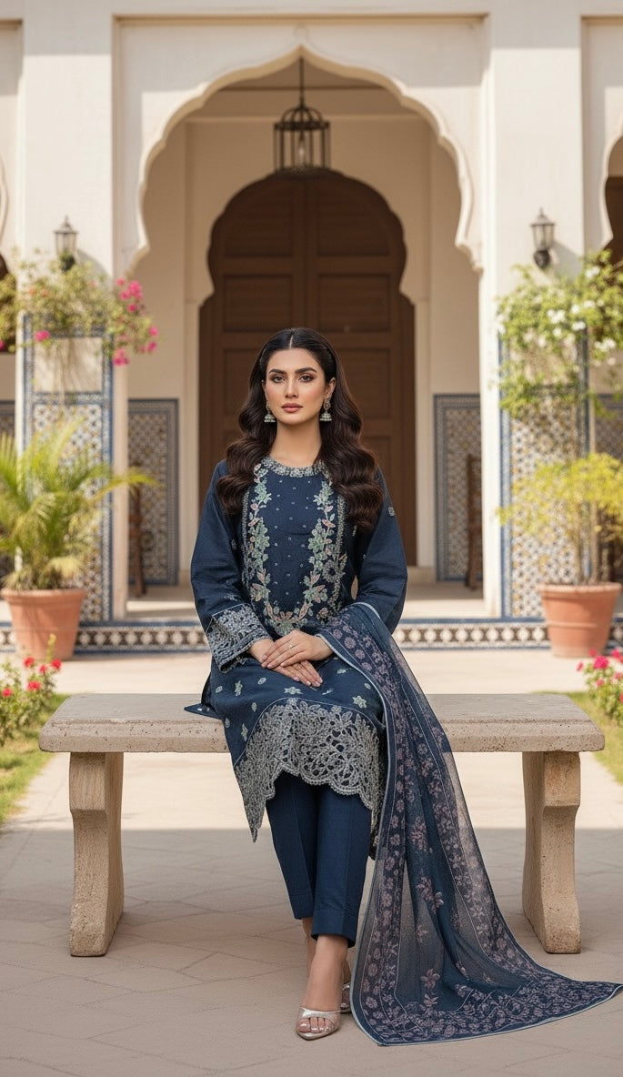 Full embroidery + handmade work goodlooking woman dress 3pc (fabric winter cotton)