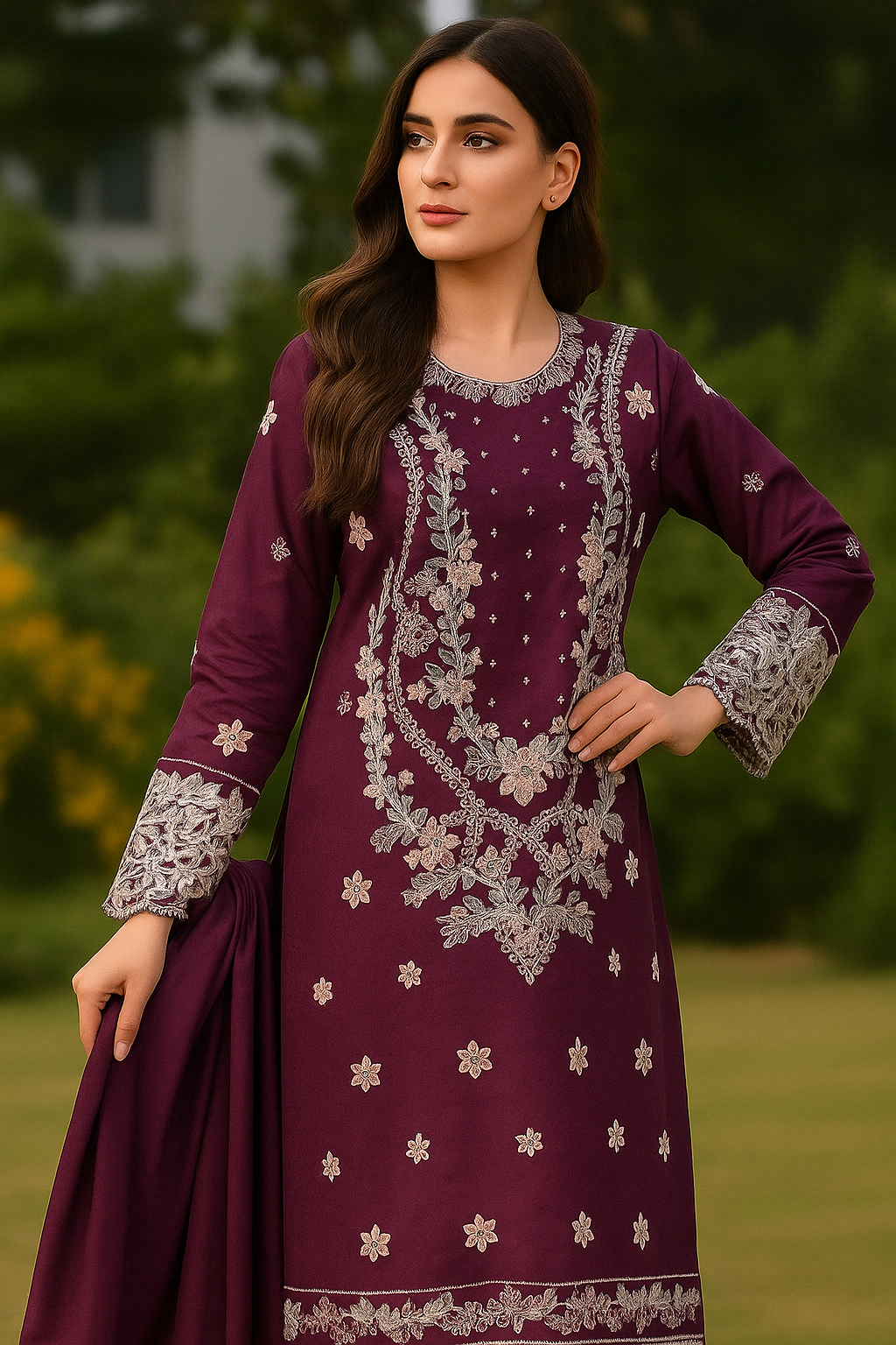 Full embroidery + handmade work goodlooking woman dress 3pc (fabric winter cotton)