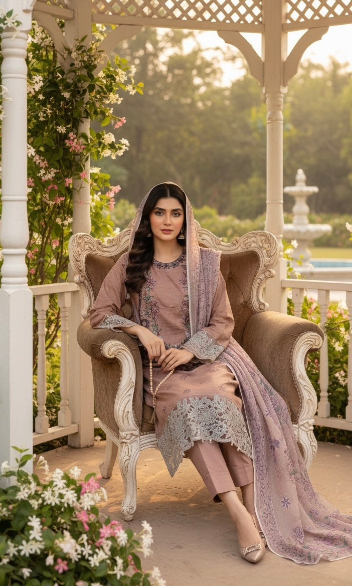 Full embroidery + handmade work goodlooking woman dress 3pc (fabric winter cotton)