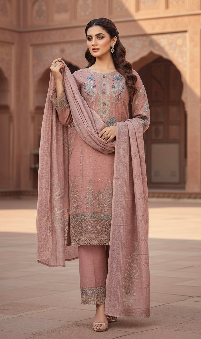 This appears to be an elegant, traditional South Asian three-piece suit (likely a shalwar kameez or trouser suit)