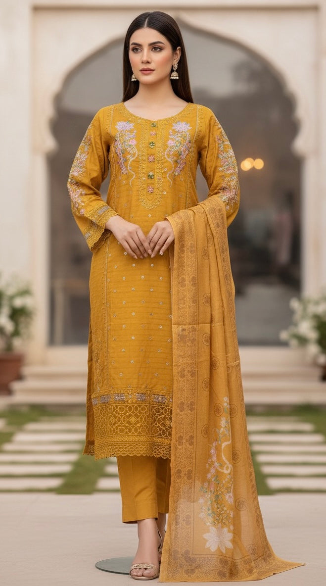 This appears to be an elegant, traditional South Asian three-piece suit (likely a shalwar kameez or trouser suit)