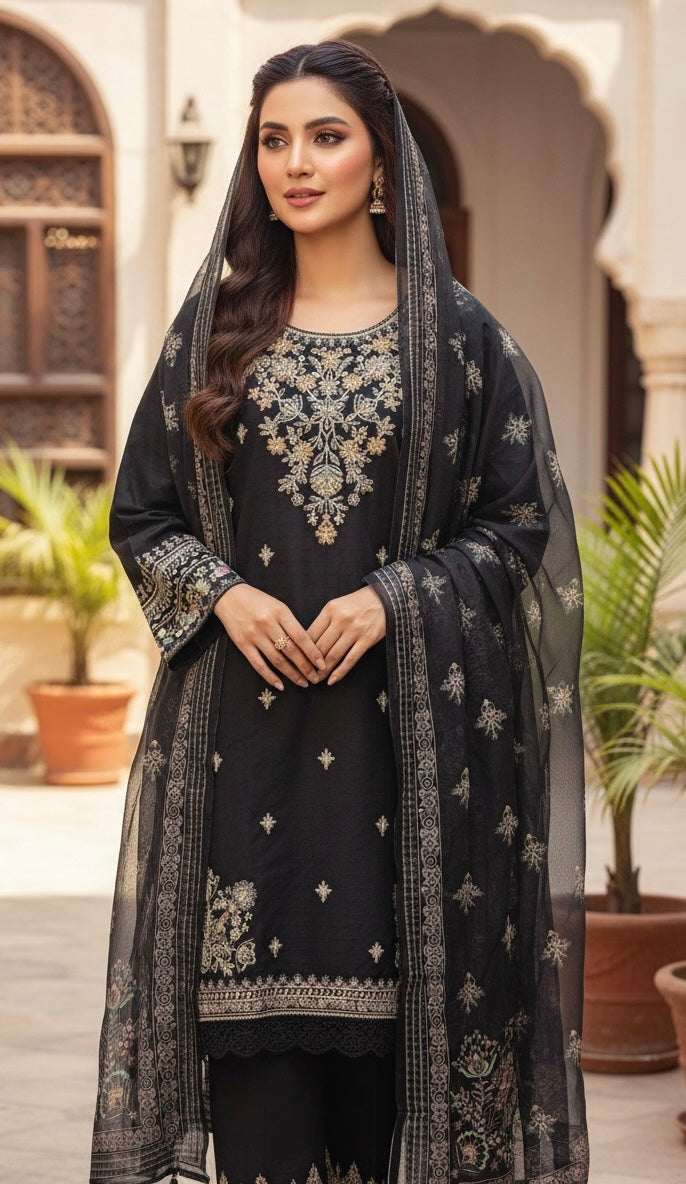 • The suit is an elegant, three-piece traditional South Asian ensemble, likely a Shalwar Kameez or Trouser Suit set.
