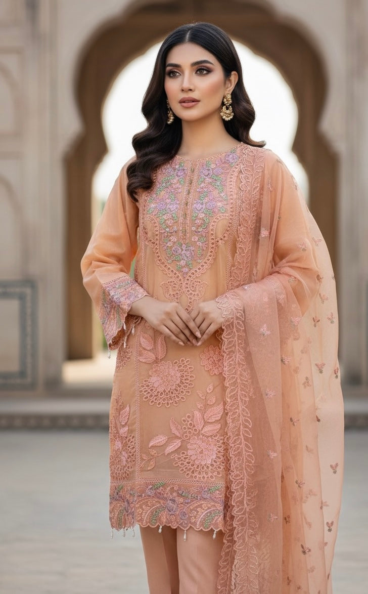 A sophisticated silk-blend suit featuring intricate tone-on-tone floral cutwork and contrasting bright thread embroidery on the neckline and dupatta.