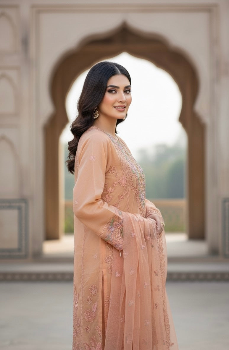 A sophisticated silk-blend suit featuring intricate tone-on-tone floral cutwork and contrasting bright thread embroidery on the neckline and dupatta.