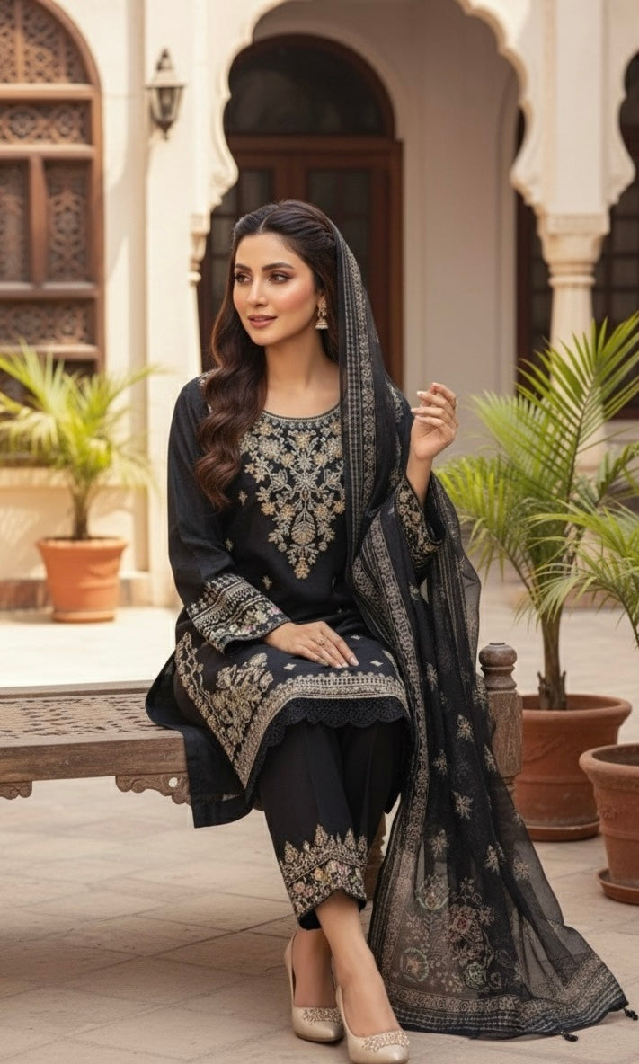 • The suit is an elegant, three-piece traditional South Asian ensemble, likely a Shalwar Kameez or Trouser Suit set.