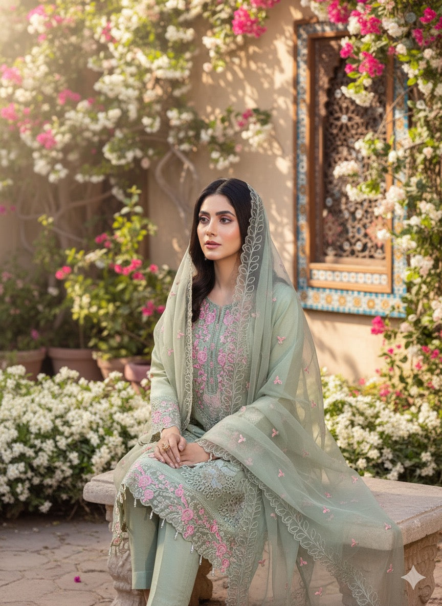 A sophisticated silk-blend suit featuring intricate tone-on-tone floral cutwork and contrasting bright thread embroidery on the neckline and dupatta.
