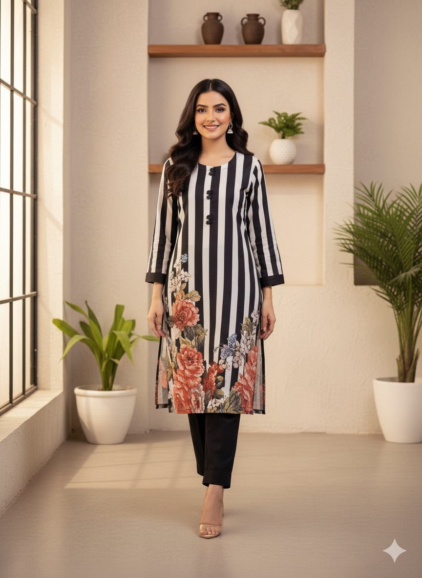 Straight long kurta with vertical stripes and floral hem print