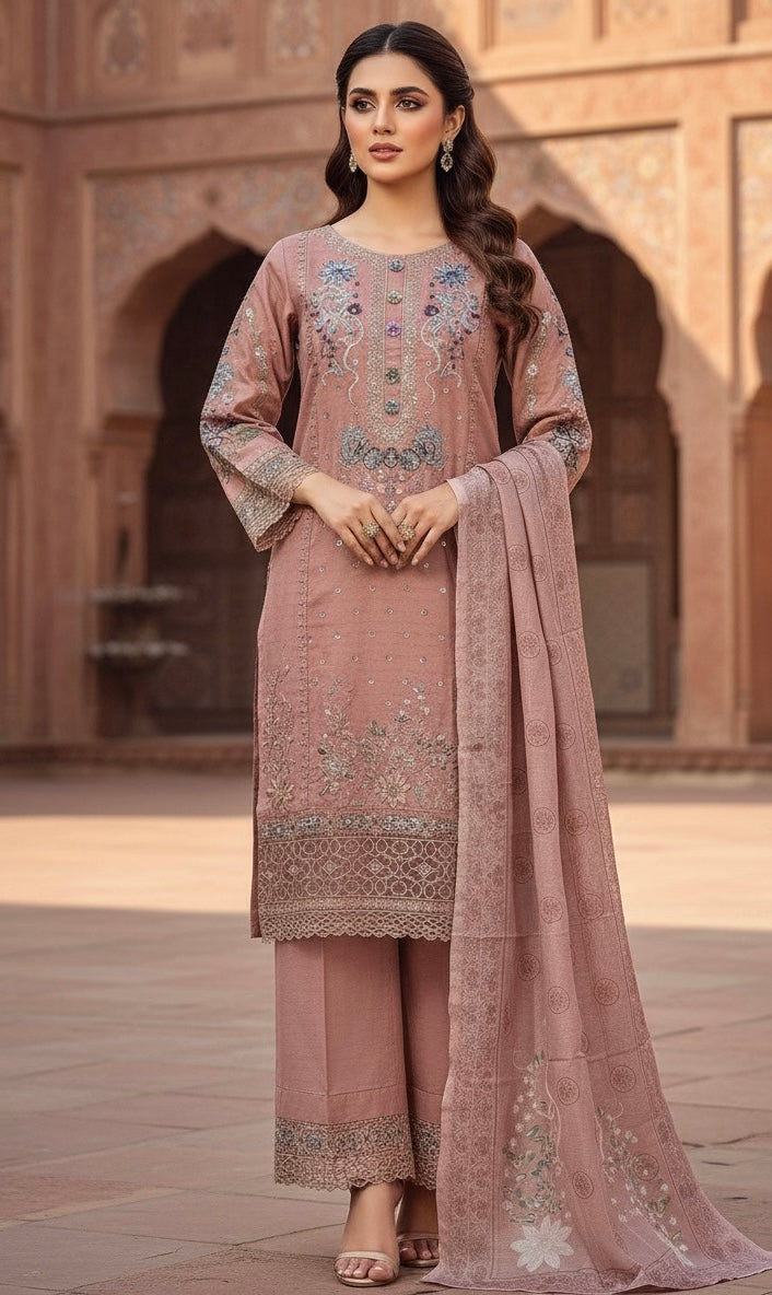 This appears to be an elegant, traditional South Asian three-piece suit (likely a shalwar kameez or trouser suit)