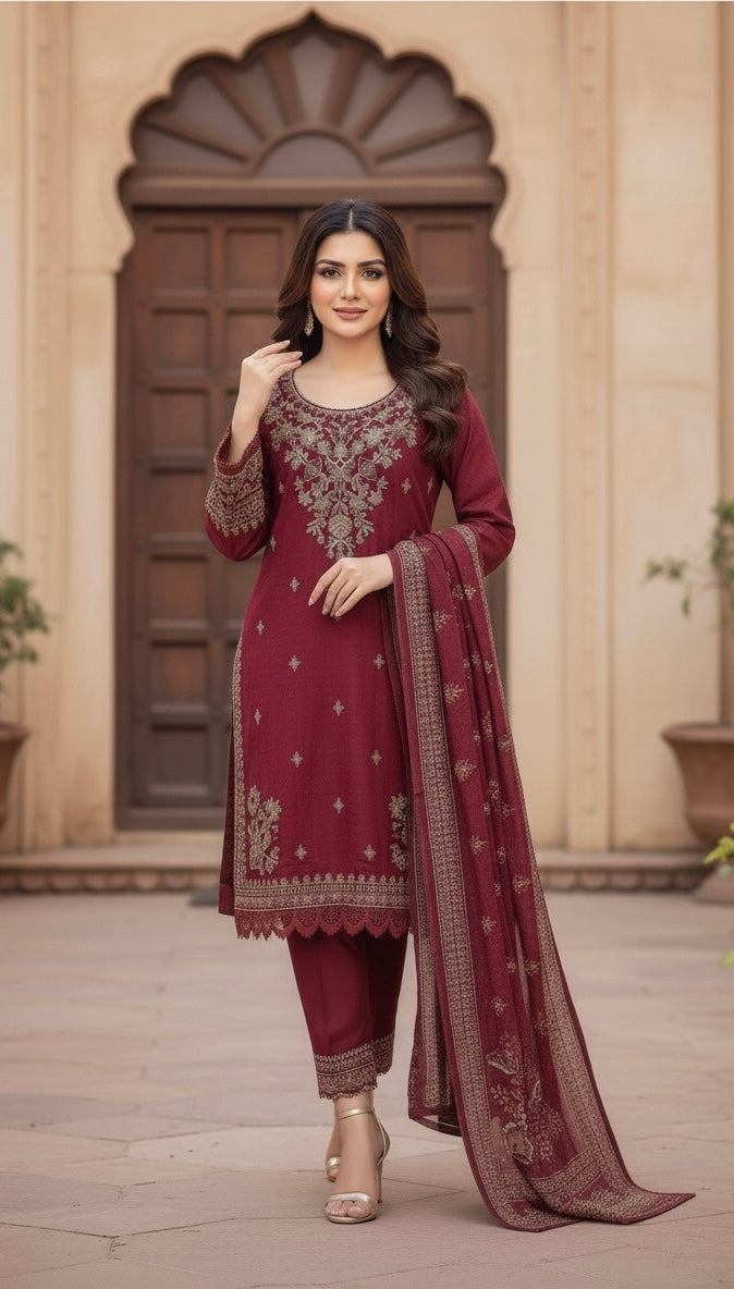 • The suit is an elegant, three-piece traditional South Asian ensemble, likely a Shalwar Kameez or Trouser Suit set.
