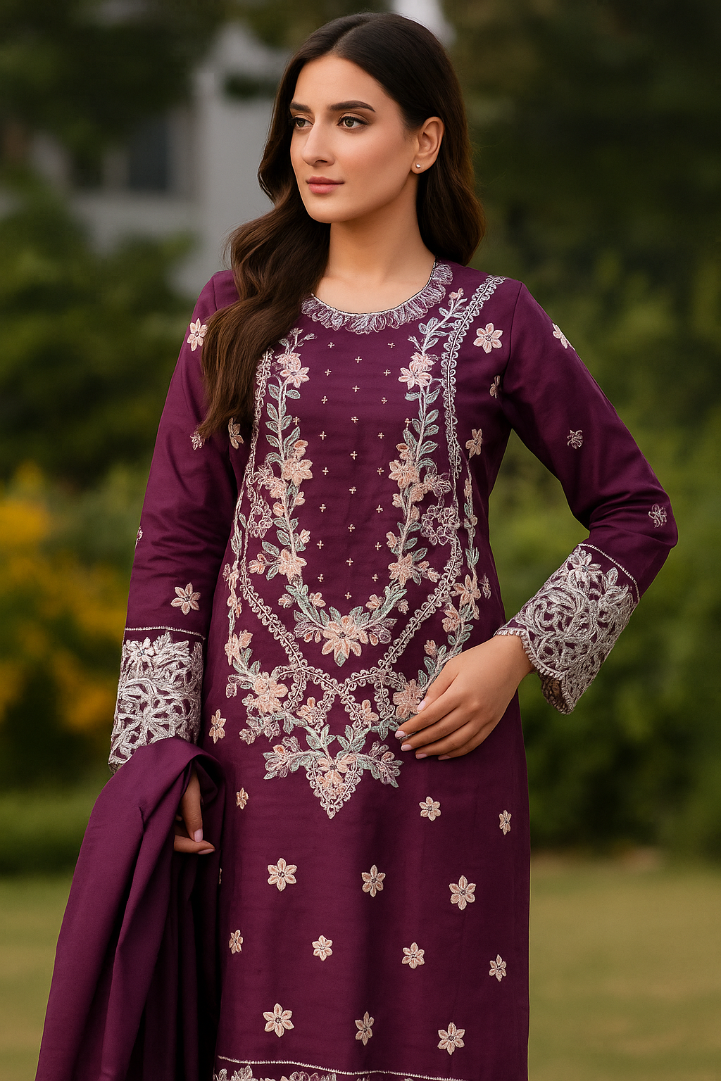 Full embroidery + handmade work goodlooking woman dress 3pc (fabric winter cotton)