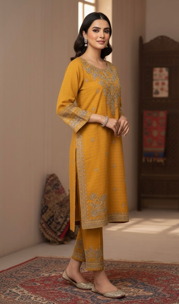 • The suit is an elegant, three-piece traditional South Asian ensemble, likely a Shalwar Kameez or Trouser Suit set.