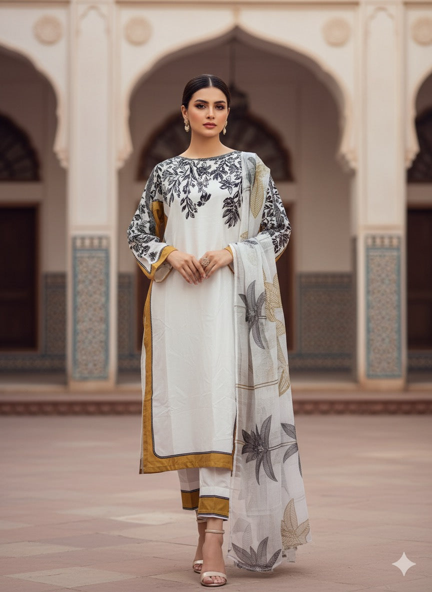 The ensemble is a chic, printed three-piece suit (fabric silk )