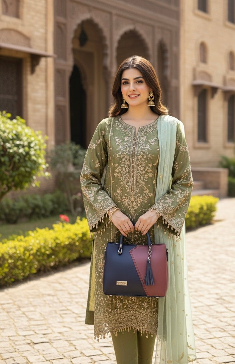 top-handle handbag with a distinctive two-tone color block design and a tassel charm accent 💼
