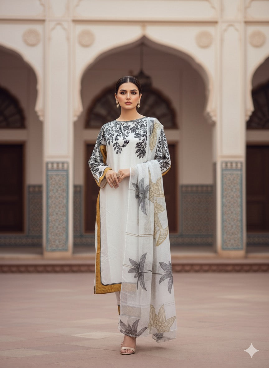 The ensemble is a chic, printed three-piece suit (fabric silk )