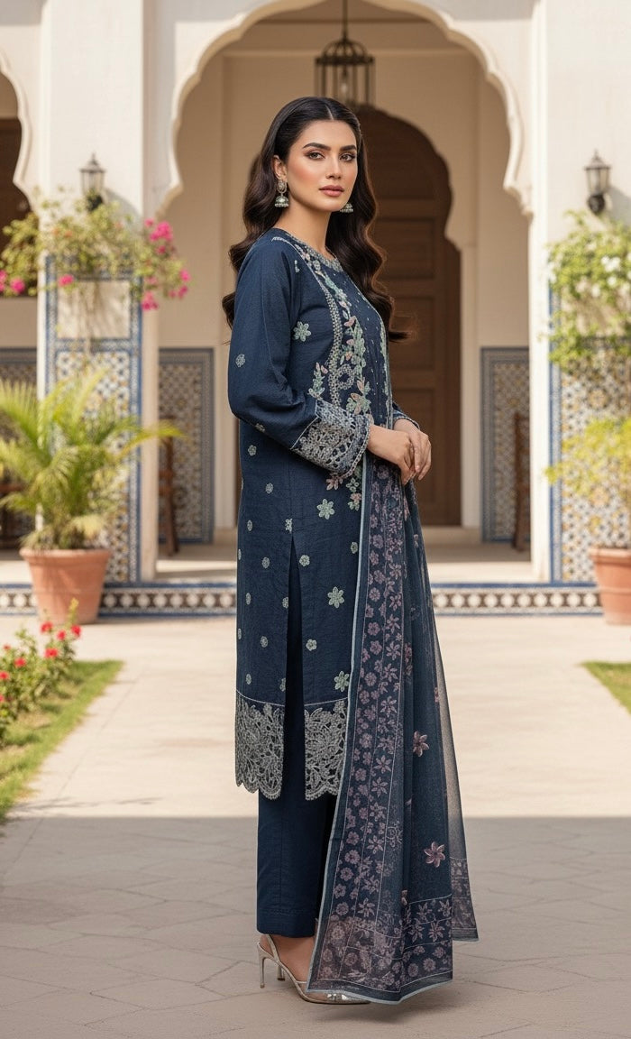 Full embroidery + handmade work goodlooking woman dress 3pc (fabric winter cotton)