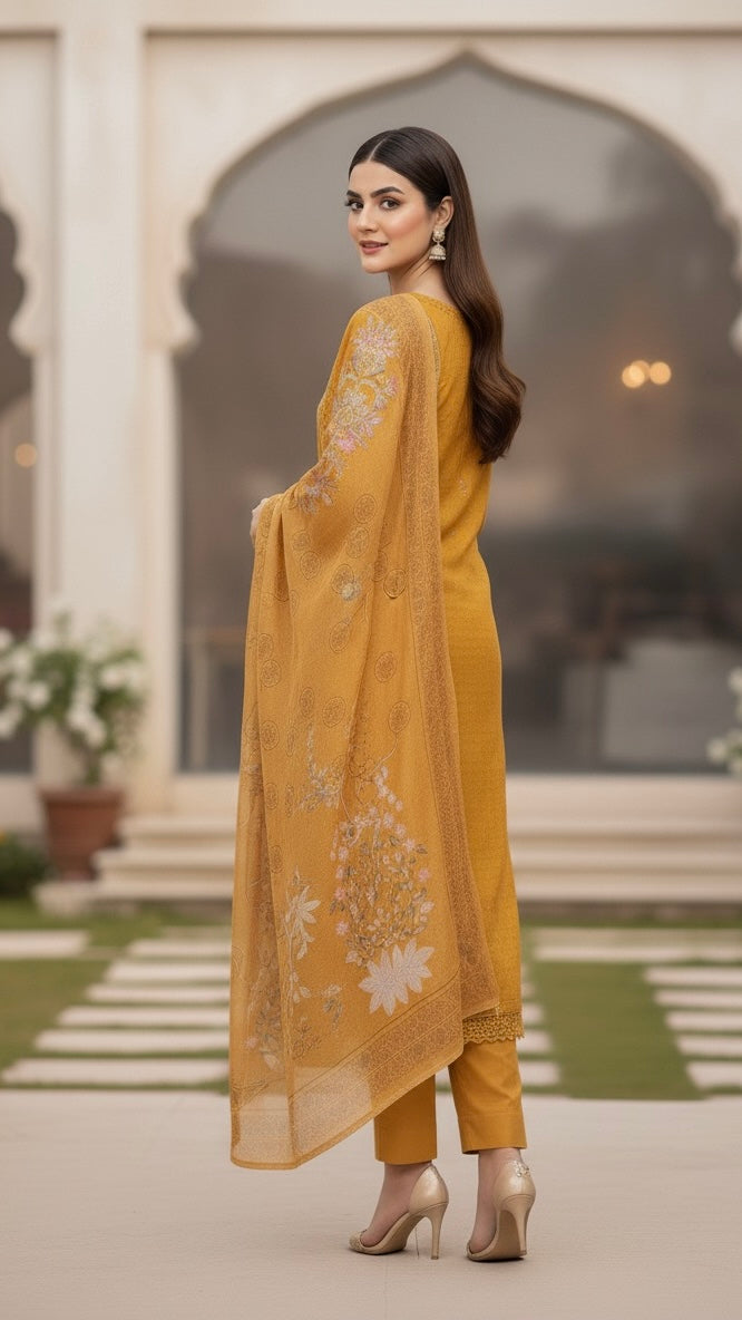 This appears to be an elegant, traditional South Asian three-piece suit (likely a shalwar kameez or trouser suit)