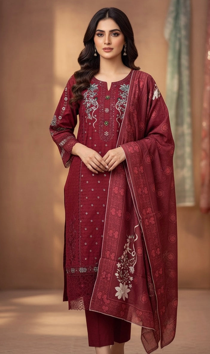 This appears to be an elegant, traditional South Asian three-piece suit (likely a shalwar kameez or trouser suit)