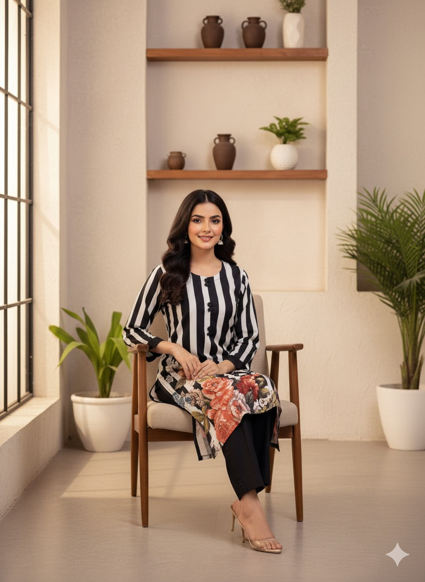 Straight long kurta with vertical stripes and floral hem print