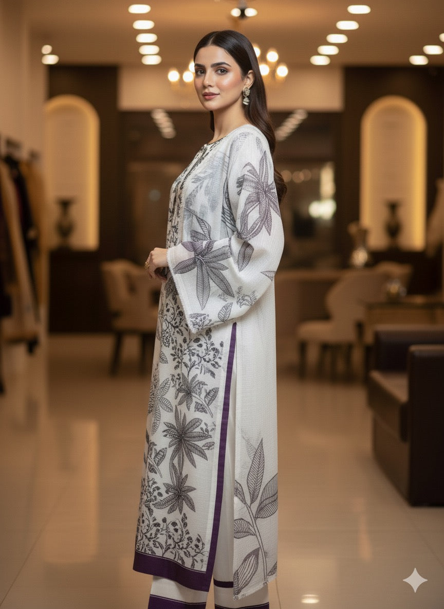 The ensemble is a chic, printed three-piece suit (fabric silk )