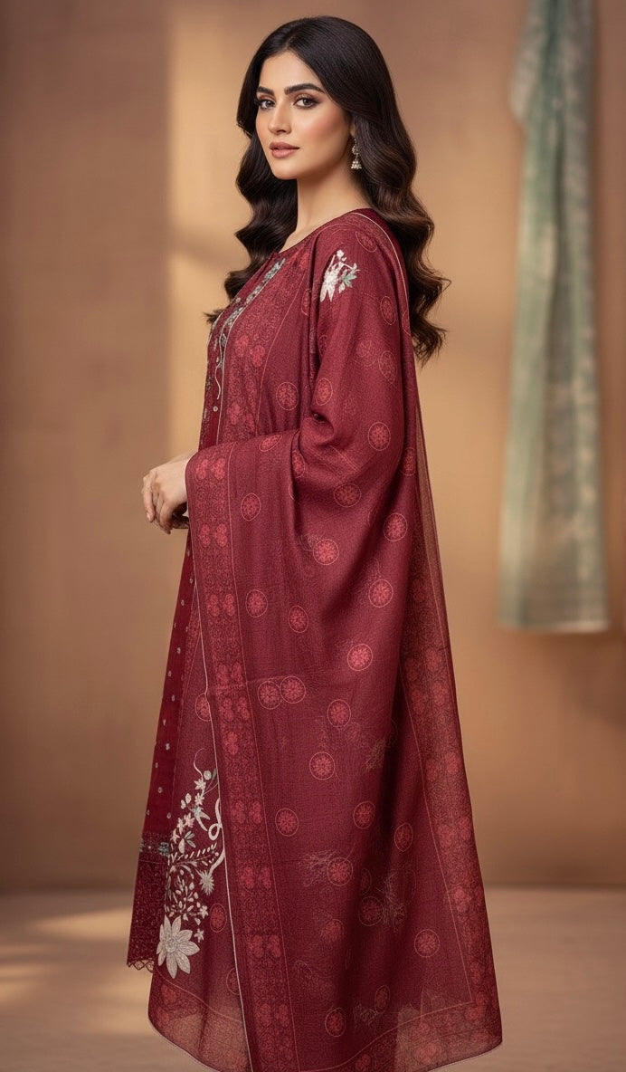 This appears to be an elegant, traditional South Asian three-piece suit (likely a shalwar kameez or trouser suit)