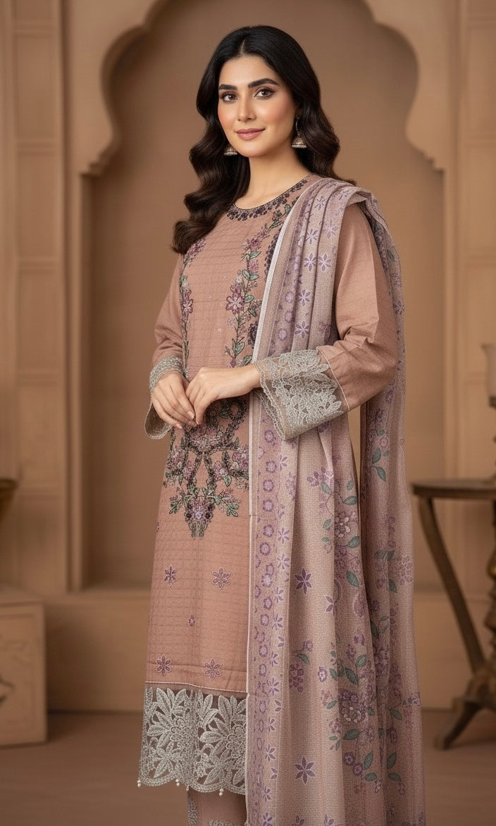 Full embroidery + handmade work goodlooking woman dress 3pc (fabric winter cotton)
