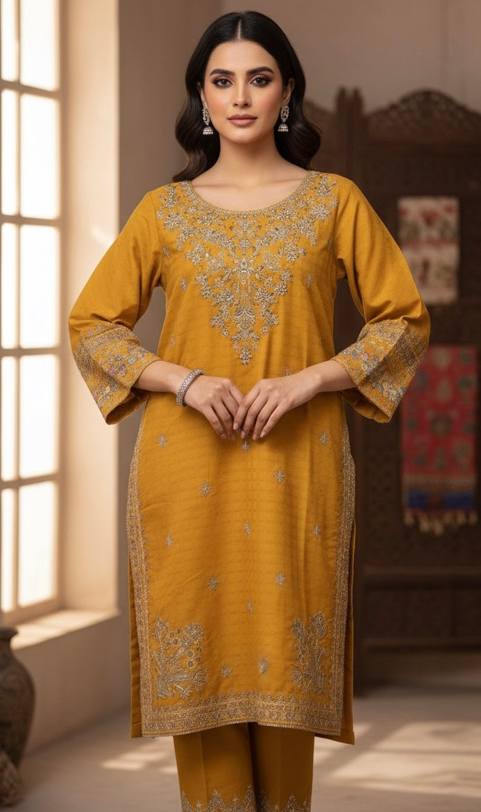 • The suit is an elegant, three-piece traditional South Asian ensemble, likely a Shalwar Kameez or Trouser Suit set.