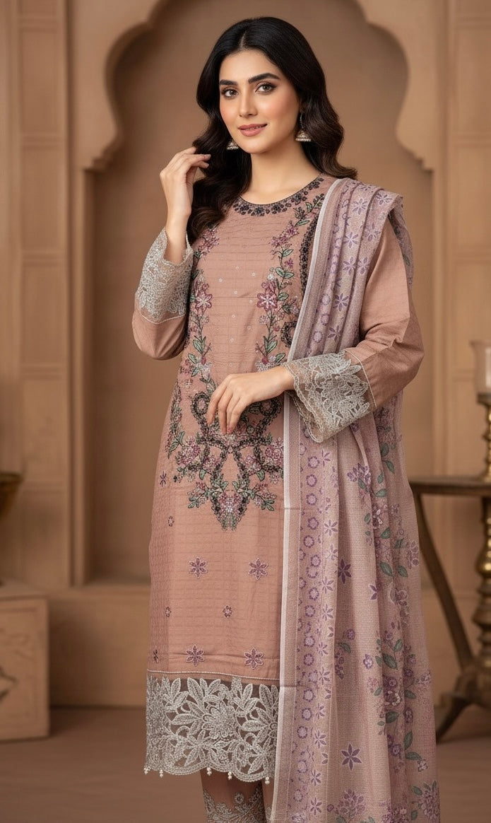 Full embroidery + handmade work goodlooking woman dress 3pc (fabric winter cotton)