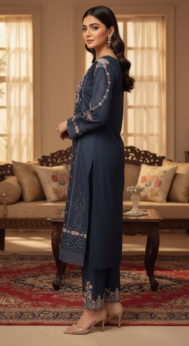 This appears to be an elegant, traditional South Asian three-piece suit (likely a shalwar kameez or trouser suit)