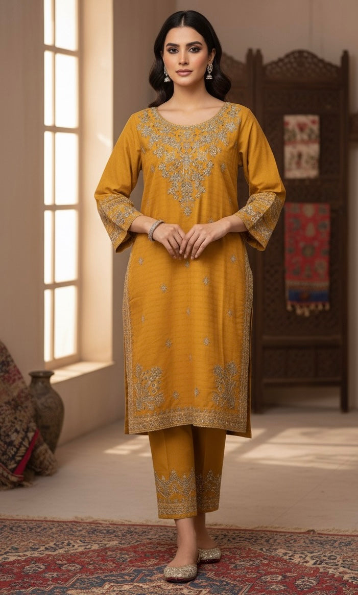 • The suit is an elegant, three-piece traditional South Asian ensemble, likely a Shalwar Kameez or Trouser Suit set.