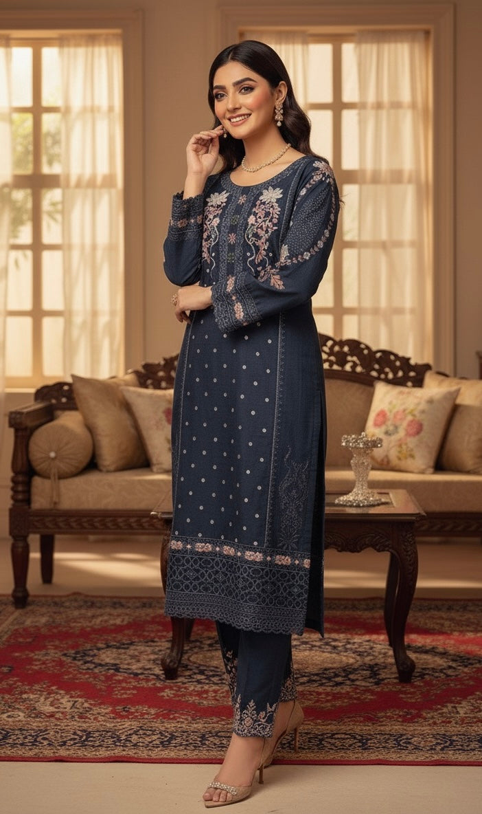 This appears to be an elegant, traditional South Asian three-piece suit (likely a shalwar kameez or trouser suit)