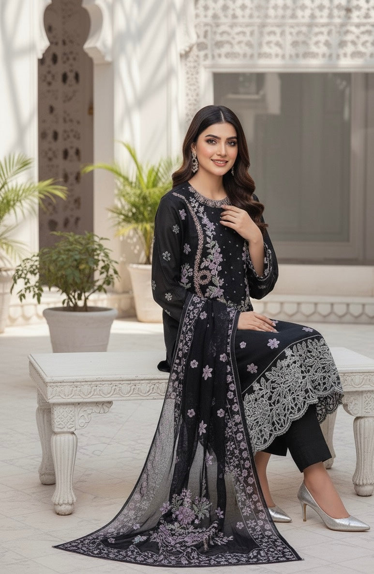 Full embroidery + handmade work goodlooking woman dress 3pc (fabric winter cotton)