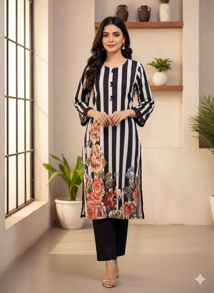 Straight long kurta with vertical stripes and floral hem print