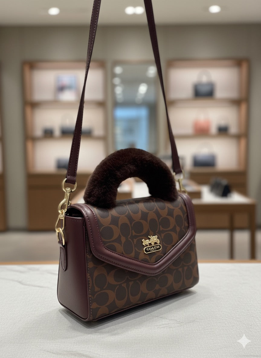 The bag is a compact, structured handbag from Coach, featuring their classic Signature handbag 👜
