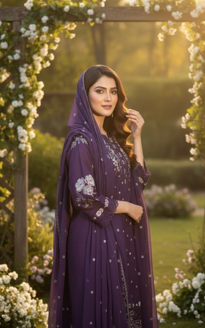 This appears to be an elegant, traditional South Asian three-piece suit (likely a shalwar kameez or trouser suit)
