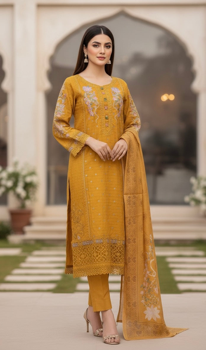This appears to be an elegant, traditional South Asian three-piece suit (likely a shalwar kameez or trouser suit)