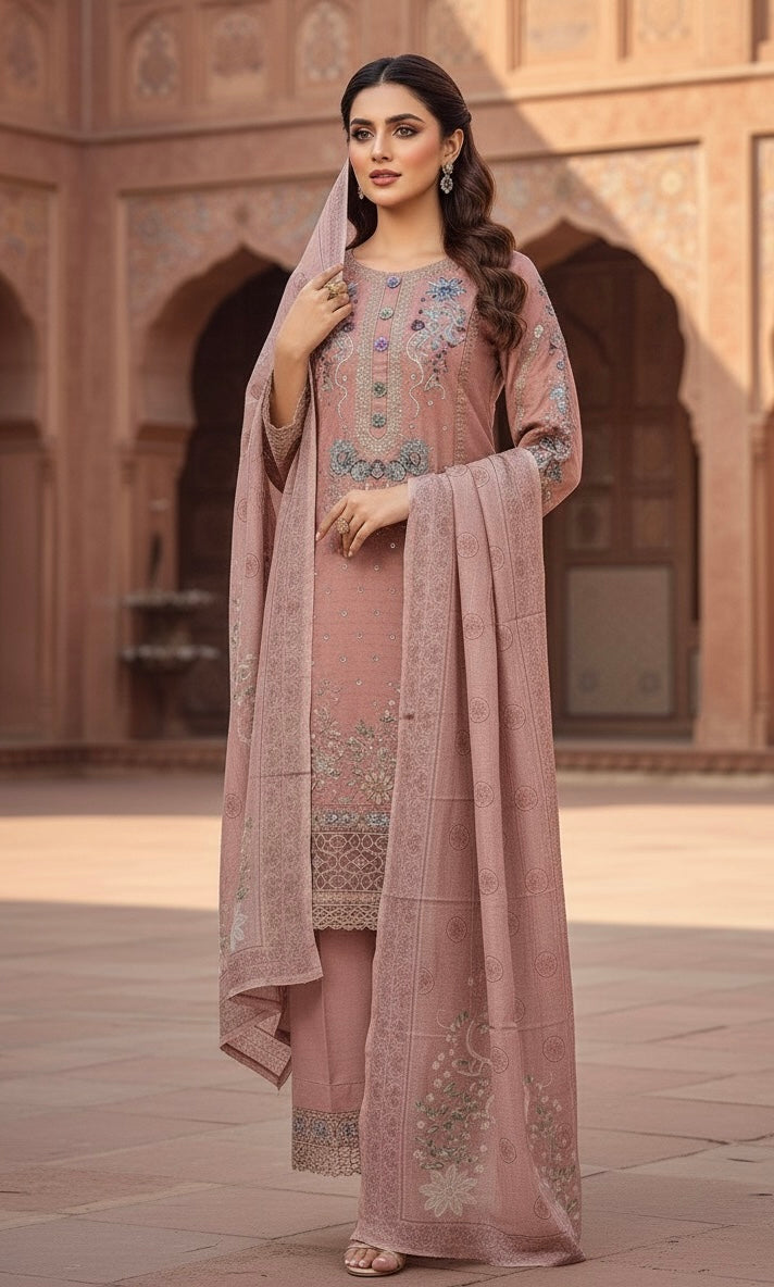 This appears to be an elegant, traditional South Asian three-piece suit (likely a shalwar kameez or trouser suit)