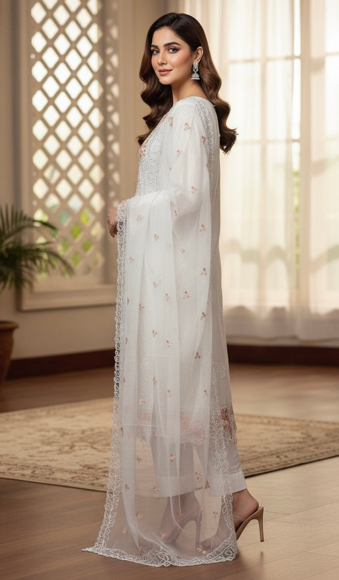 A sophisticated silk-blend suit featuring intricate tone-on-tone floral cutwork and contrasting bright thread embroidery on the neckline and dupatta.