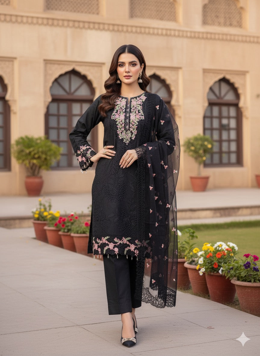 A sophisticated silk-blend suit featuring intricate tone-on-tone floral cutwork and contrasting bright thread embroidery on the neckline and dupatta.
