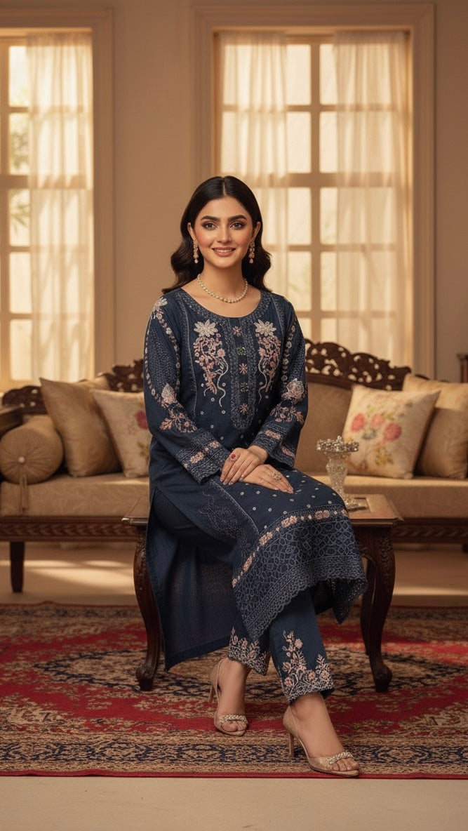 This appears to be an elegant, traditional South Asian three-piece suit (likely a shalwar kameez or trouser suit)
