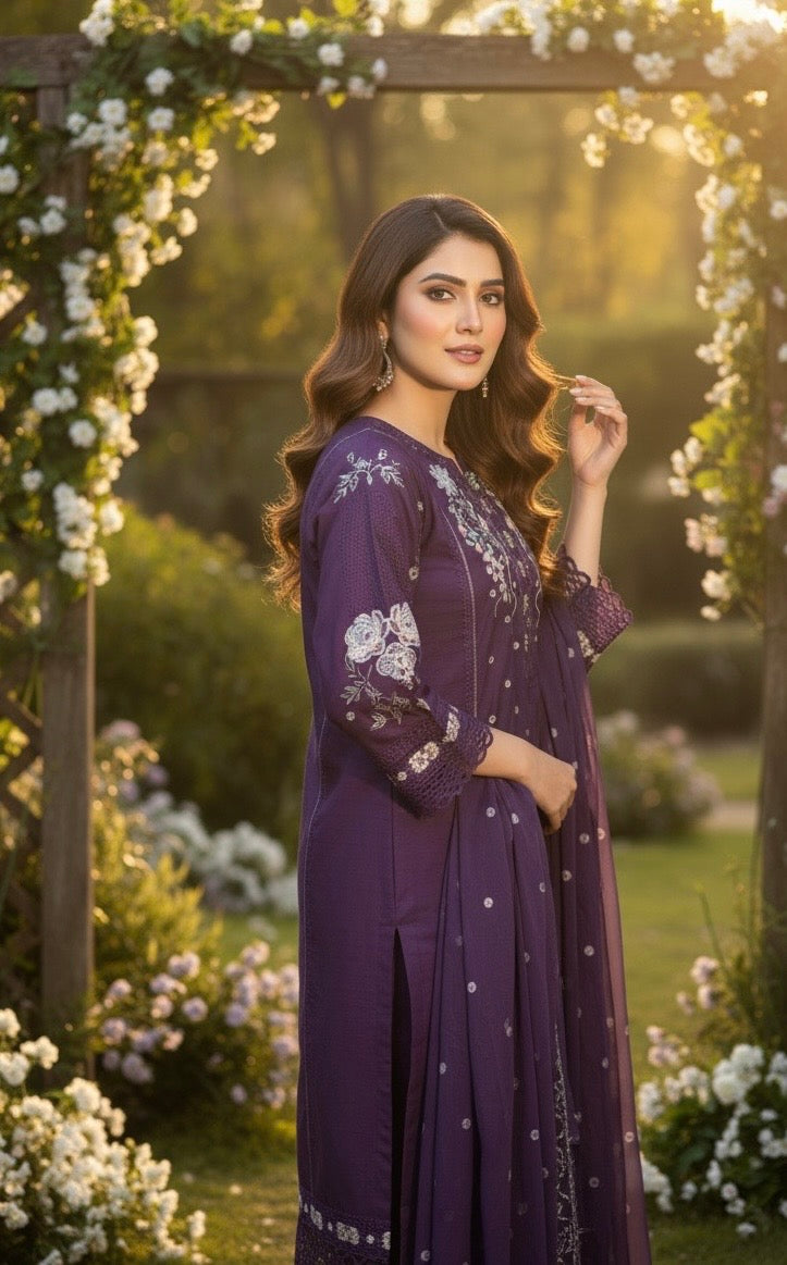 This appears to be an elegant, traditional South Asian three-piece suit (likely a shalwar kameez or trouser suit)