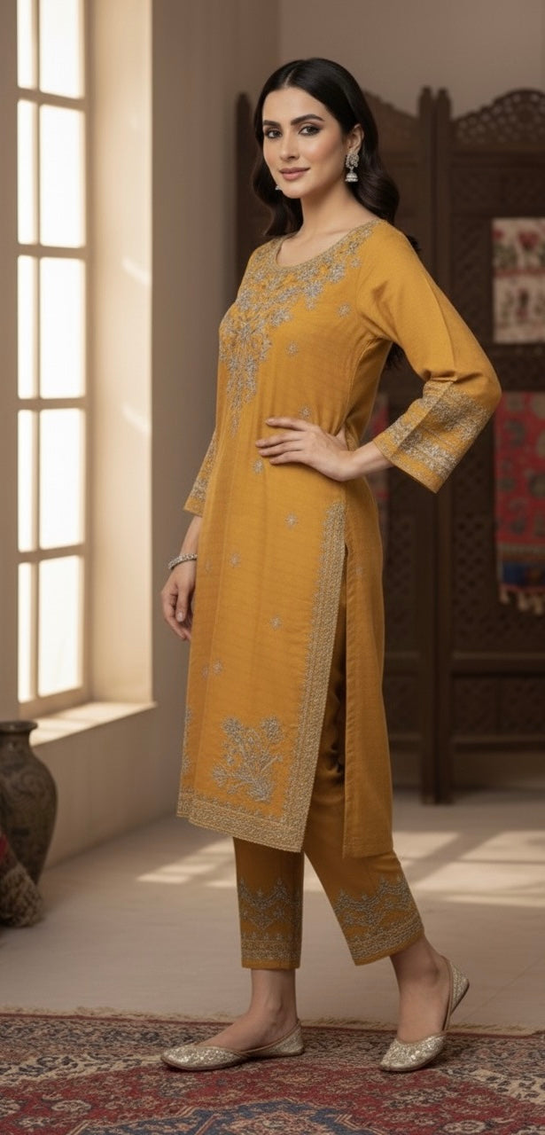 • The suit is an elegant, three-piece traditional South Asian ensemble, likely a Shalwar Kameez or Trouser Suit set.