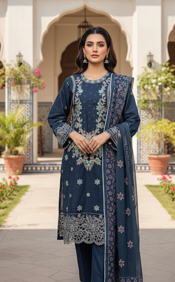 Full embroidery + handmade work goodlooking woman dress 3pc (fabric winter cotton)