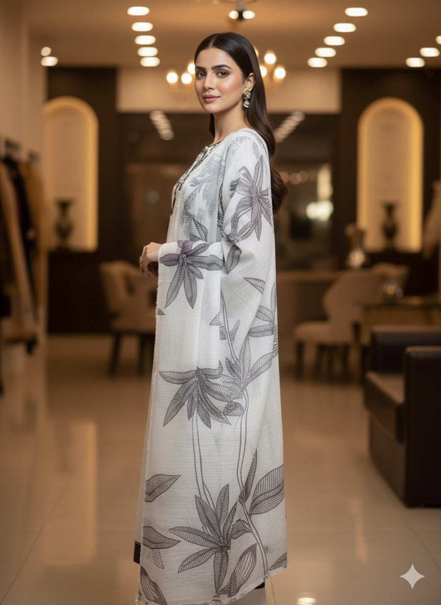 The ensemble is a chic, printed three-piece suit (fabric silk )