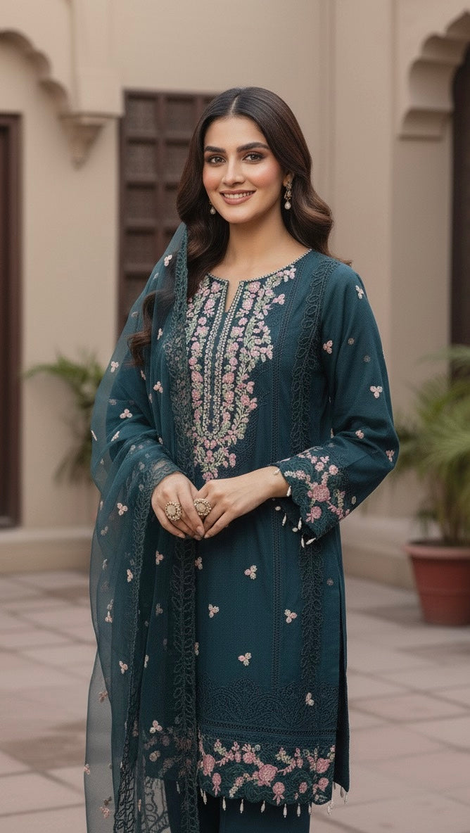 A sophisticated silk-blend suit featuring intricate tone-on-tone floral cutwork and contrasting bright thread embroidery on the neckline and dupatta.