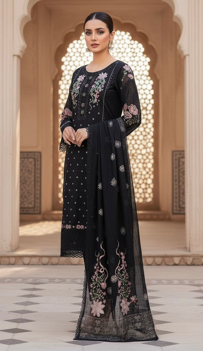This appears to be an elegant, traditional South Asian three-piece suit (likely a shalwar kameez or trouser suit)