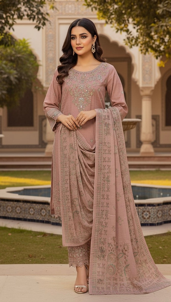 • The suit is an elegant, three-piece traditional South Asian ensemble, likely a Shalwar Kameez or Trouser Suit set.