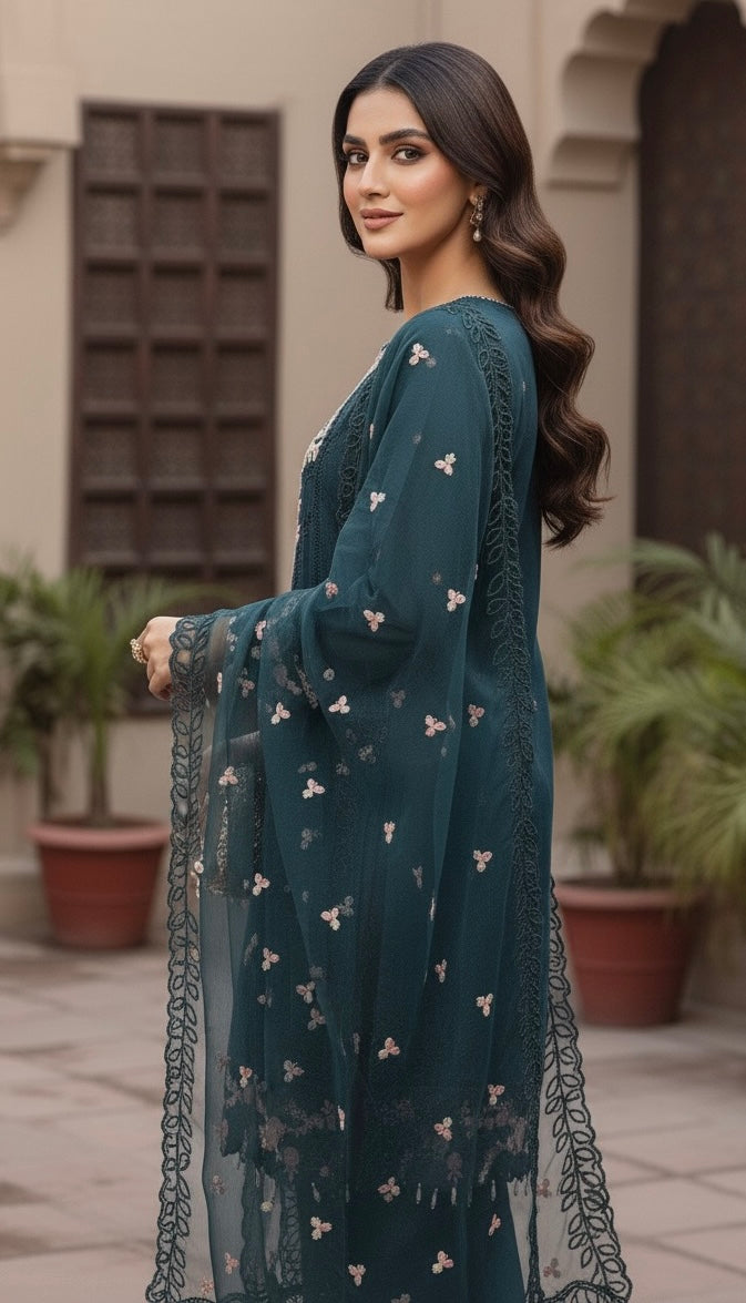 A sophisticated silk-blend suit featuring intricate tone-on-tone floral cutwork and contrasting bright thread embroidery on the neckline and dupatta.