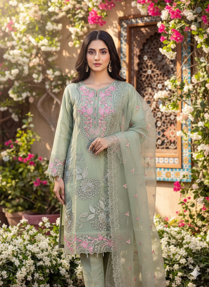 A sophisticated silk-blend suit featuring intricate tone-on-tone floral cutwork and contrasting bright thread embroidery on the neckline and dupatta.