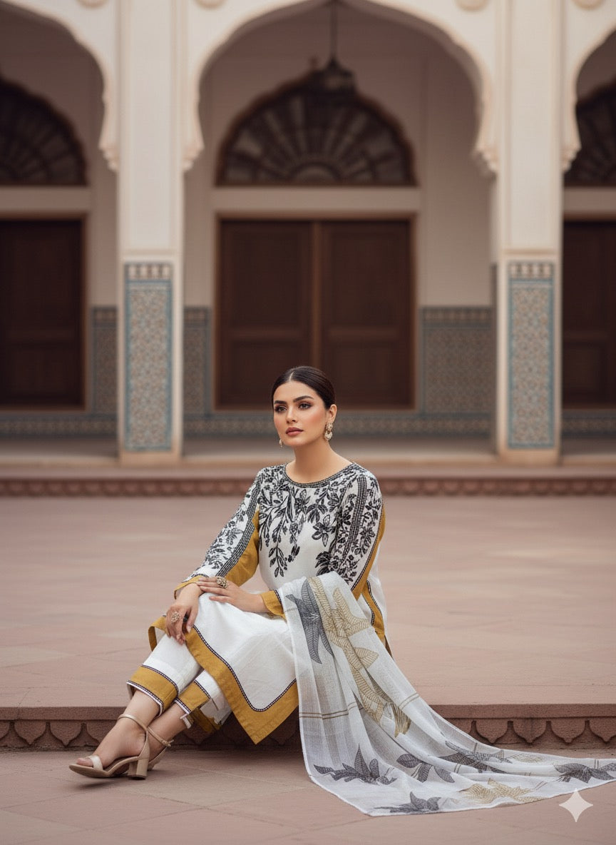 The ensemble is a chic, printed three-piece suit (fabric silk )